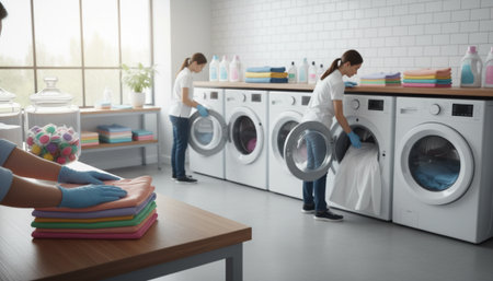 Bright, modern laundry room with washing machines and dryers. Professional hands folding colorful clothes. Soft natural light, clean, organized, high-resolution, commercial-ready, realistic laundry service scene.の素材