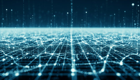 An ultra-realistic futuristic design featuring a 3D neural network grid with floating digital nodes and glowing holographic data streams. The blue and cyan color scheme, along with cinematic lighting and dynamic particle motion, creates a premium high-tech atmosphere ideal for AI, machine learning, and data analytics visuals.の素材