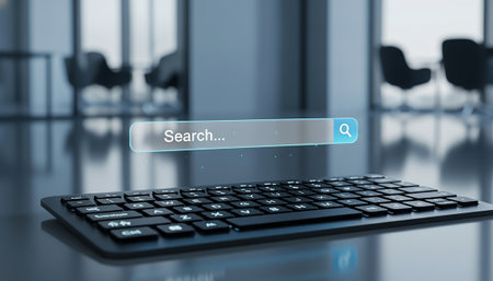 Hologram Chatbot Search Bar Above Keyboard in Minimal Corporate AI Technology Style. High quality photoの素材