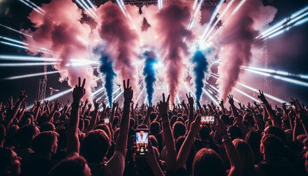 Festival Crowd Dancing with Pink and Blue Smoke and Dynamic Stage Lights. High quality photoの素材