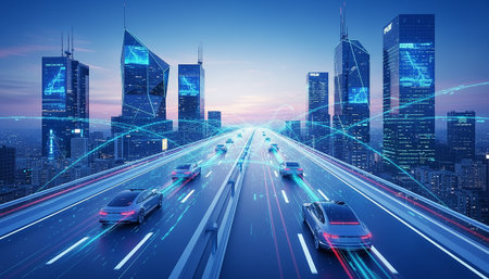 Futuristic highway scene with electric vehicles linked via holographic data lines, smart city skyline, and vibrant cyber-style digital flow graphics in a clean, commercial 3D aesthetic. High quality photoの素材