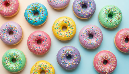 Assorted Colorful Donuts with Sprinkles and Glossy Icing, Top View, Pastel Background. High quality photoの素材