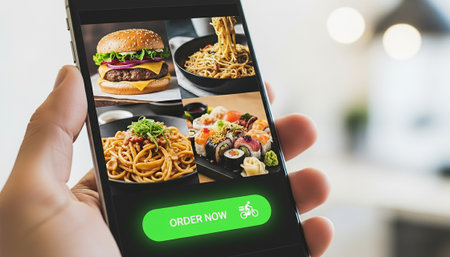 Smartphone with Food Delivery App and Glowing Order Button on Bright Clean Background. High quality photoの素材