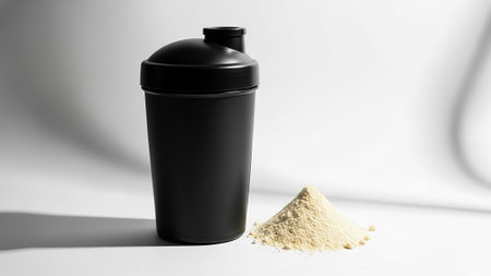 Matte Black Protein Shaker with Whey Powder on White Surface, Minimalistic Fitness Nutrition. High quality photoの素材