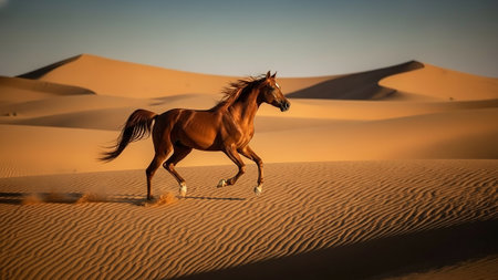 Majestic Arabian Horse Running in Desert Sands, Warm Dramatic Light and Minimalist Scenery. High quality photoの素材