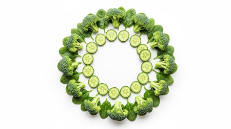 Top view of fresh green vegetables arranged in a perfect circular pattern on a white background. Symmetry and clean composition highlight healthy eating, plant-based nutrition, and modern wellness lifestyle. High quality photoの素材