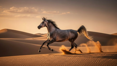Powerful wild Arabian horse galloping across desert sand dunes in warm dramatic lighting. Minimalistic background enhances the sense of freedom, strength and natural beauty in this dynamic wildlife moment.の素材