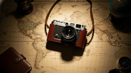 Vintage camera placed on a travel map under soft overhead light. Clean editorial style, wanderlust mood, perfect for travel blogs, tourism marketing, adventure planning, and storytelling visuals.の素材