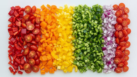 Top view of chopped colorful vegetables, peppers, tomatoes, onions, arranged in a gradient. Modern, vibrant composition ideal for health, culinary, wellness, recipe blogsの素材