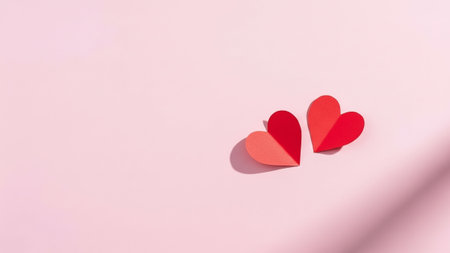 Two red paper hearts arranged in a minimalist flat lay on a soft pastel background with natural shadows. Modern Valentines Day aesthetic perfect for romantic, lifestyle, and social media design projects. High quality photoの素材
