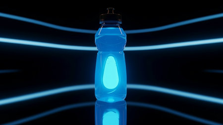 Electrolyte sports drink bottle on a reflective surface with neon blue lighting. Futuristic fitness aesthetic perfect for hydration ads, energy product branding, gym marketing, and modern commercial visuals.の素材