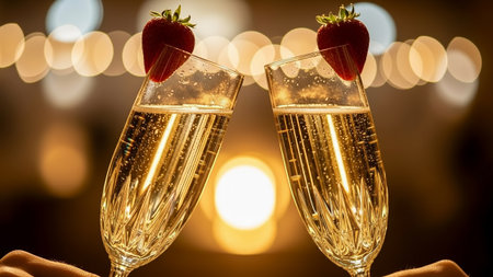 Two glasses of sparkling champagne against a soft bokeh background, creating a celebratory atmosphere. Perfect for party invitations, festive content, lifestyle imagery, weddings, and luxury marketing. High quality photoの素材