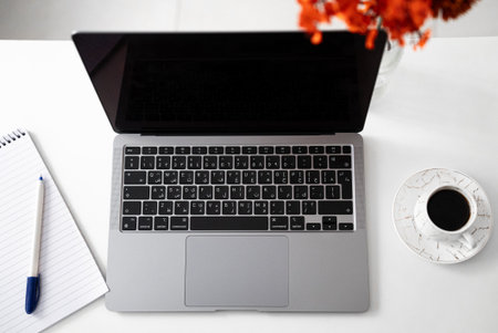 Top view of laptop, pen and clean white desk. Minimal style, productivity, modern office,...