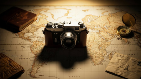 Retro film camera resting on a world map, softly lit from above. Minimal and clean travel aesthetic, ideal for adventure promotions, creative editorials, wanderlust visuals, and tourism storytelling. High quality photoの素材