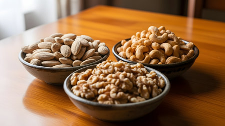 Almonds, cashews, and walnuts in small wooden bowls on a rustic table, illuminated by soft natural light. Perfect for healthy eating, nutrition, and food content.の素材