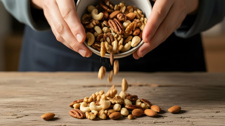 Hands pouring mixed nuts from a small bowl onto a rustic wooden surface in natural soft daylight. Perfect for healthy eating, snack, and lifestyleの素材