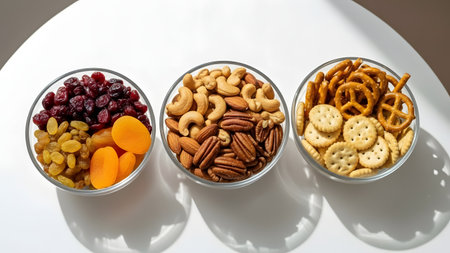 Clean flat lay of a snack mix featuring nuts, dried fruits, and small crackers arranged in bowls, perfect for healthy snacking and organized food styling.の素材