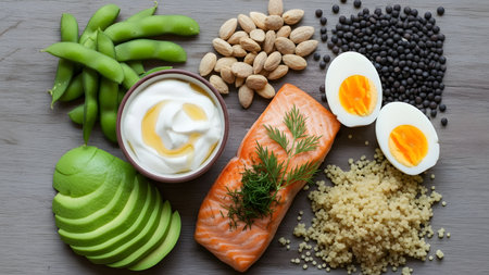 Macro shot of fresh protein-rich foods on a wooden background, styled minimally to highlight natural textures, clean composition, and healthy eating aesthetics.の素材