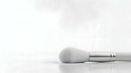 Ultra-clean cosmetic shot of a powder cloud suspended above a makeup brush, styled minimally for professional beauty, skincare, and cosmetic advertising visuals.の素材