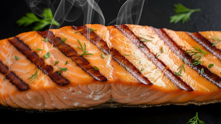 Close-up of grilled salmon with visible steam and rich texture on a black background, showcasing a gourmet, high-protein meal with appetizing detail and elegance.の素材