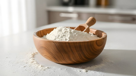 Minimalist Wooden Bowl with Flour. High quality photoの素材