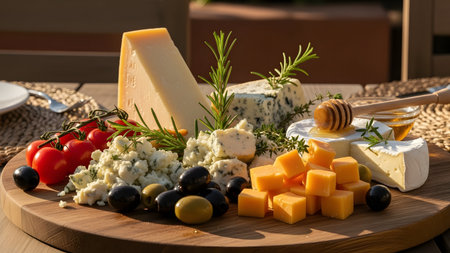 Artistic arrangement of cheeses, fresh herbs, and olives on a rustic board with warm Mediterranean tones. Ideal for gourmet, lifestyle, and culinary content.の素材