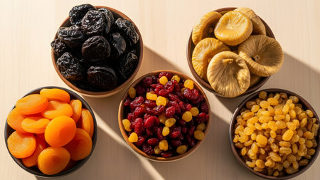 Macro flat lay of assorted dried fruits arranged in small bowls, captured in warm natural light, highlighting textures, vibrant colors, and clean minimal health-food styling.の素材