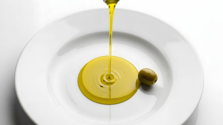 Golden olive oil pouring onto a clean white plate, top-down view. Minimal styling emphasizes texture and shine, creating an elegant, modern gourmet food aesthetic.の素材