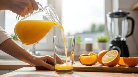 Hands pouring fresh citrus juice into a glass, bright natural kitchen light. Emphasizes healthy lifestyle, vibrant colors, freshness, and clean minimal food styling.の素材