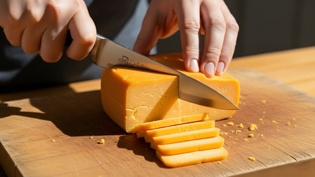 Close-up of hands slicing a cheese block on a wooden board under bright natural daylight. Clean, fresh, culinary styling perfect for cooking, lifestyle, and food content.の素材
