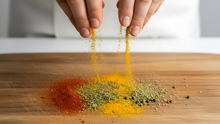 Close-up of hands sprinkling colorful spices over a wooden board, dynamic cooking moment, shallow depth of field, clean minimal background, culinary preparation, fresh aromatic ingredients.の素材