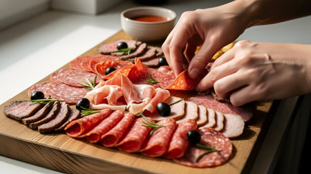 Close-up of hands arranging fresh meat slices on a rustic wooden board, captured in natural kitchen light. Perfect for cooking, gourmet, and culinary content.の素材