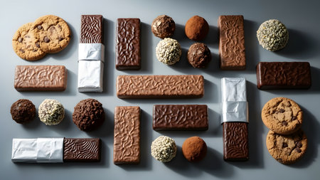 Top-down view of assorted chocolates, truffles, and cookies arranged on a neutral surface, soft natural lighting, clean minimal composition perfect for dessert and confectionery visuals.の素材