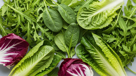 Top-down view of vibrant mixed greens with water droplets. Highlights freshness, crisp textures, and bright, healthy, organic food styling for clean eating concepts.の素材