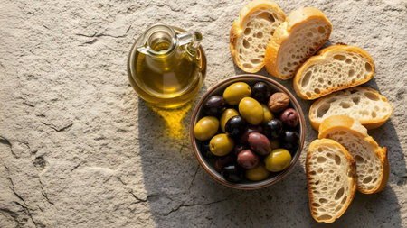 A flat lay composition featuring olive oil, fresh olives, and sliced bread on a stone surface. Warm daylight emphasizes natural textures and a rustic, gourmet vibe.の素材
