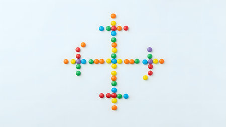 Minimalist geometric pattern created with multicolored candy pieces arranged on a solid bright background, perfect for modern design and commercial visuals.の素材