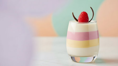 Creamy dessert served in a clear glass cup on a soft pastel background, styled with an elegant minimal look. Ideal for menus, ads, blogs, and modern dessert branding.の素材
