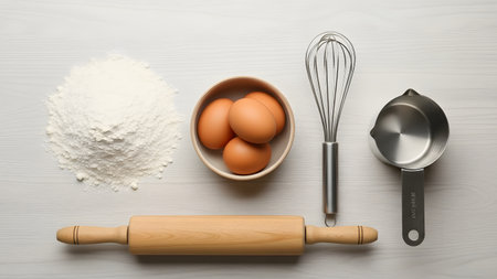 Neatly arranged flour, eggs, and baking tools in a top-down flat lay, emphasizing minimal styling and clean composition for modern food photography and recipe inspiration.の素材