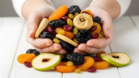 Macro shot of hands holding a mix of dried fruits over a white table, emphasizing natural textures, colorful healthy snack composition, and fresh, organic presentation.の素材