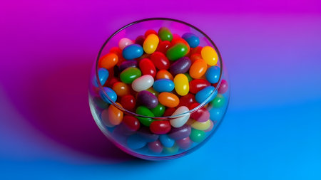 Glass bowl filled with bright colorful candies on a vivid gradient background, captured with glossy texture and clean studio lighting for commercial use.の素材