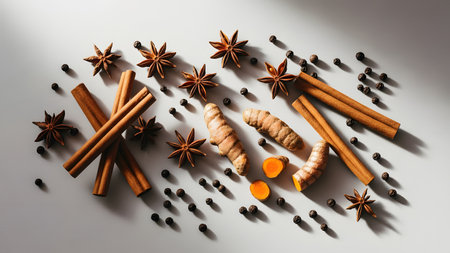 Cinnamon sticks, star anise, peppercorns, and turmeric scattered on a clean surface, warm natural light, flat lay composition, vibrant colors, aromatic and fresh spices for culinary use.の素材