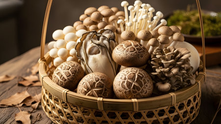 Artistic arrangement of assorted mushrooms in a traditional bamboo basket, styled with soft warm tones and an Asian aesthetic for natural, organic visuals.の素材