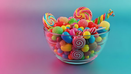 Vibrant candies displayed in a clear glass bowl against a vivid gradient backdrop, featuring glossy textures and controlled studio lighting for striking visuals.の素材