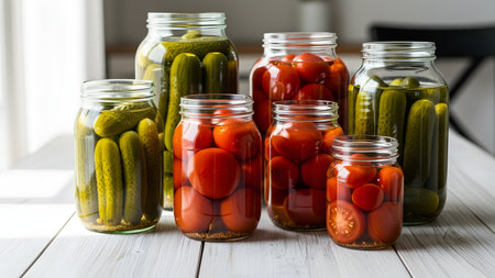 Close-up of homemade pickles and tomatoes in jars, bright natural light, clean minimal farmhouse table, artisanal and fresh look, wholesome homemade food presentation.の素材