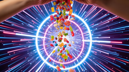 Dynamic shot of hands sprinkling assorted candies over a vibrant neon backdrop, creating a playful candy explosion with sharp details and bold visual impact.の素材