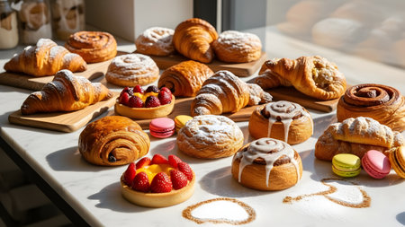 Beautiful assortment of pastries displayed on a marble surface under gentle pastry shop light. Ideal for menus, bakery ads, and premium dessert promotions.の素材