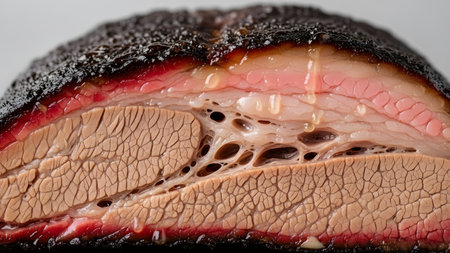 Juicy smoked meat captured in macro detail on a clean neutral background. Perfect for gourmet, food blogs, culinary content, and high-quality recipeの素材