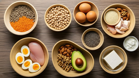 Top-down view of high-protein groceries in reusable bowls on a rustic wooden table, styled with soft shadows for a modern, clean, and healthy lifestyle visual.の素材