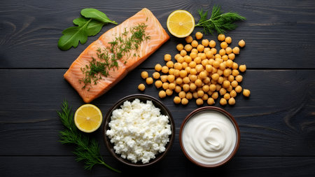 Top-down flat lay of salmon, cottage cheese, chickpeas, and yogurt on a dark wooden surface, styled for a balanced, protein-rich diet and healthy lifestyle concept.の素材