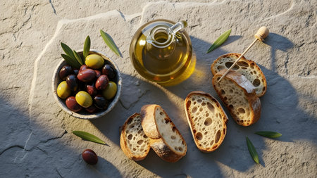 Top-down view of olive oil in a glass bottle, fresh olives, and rustic bread on a stone surface. Warm natural light highlights textures for a gourmet, Mediterranean aesthetic.の素材